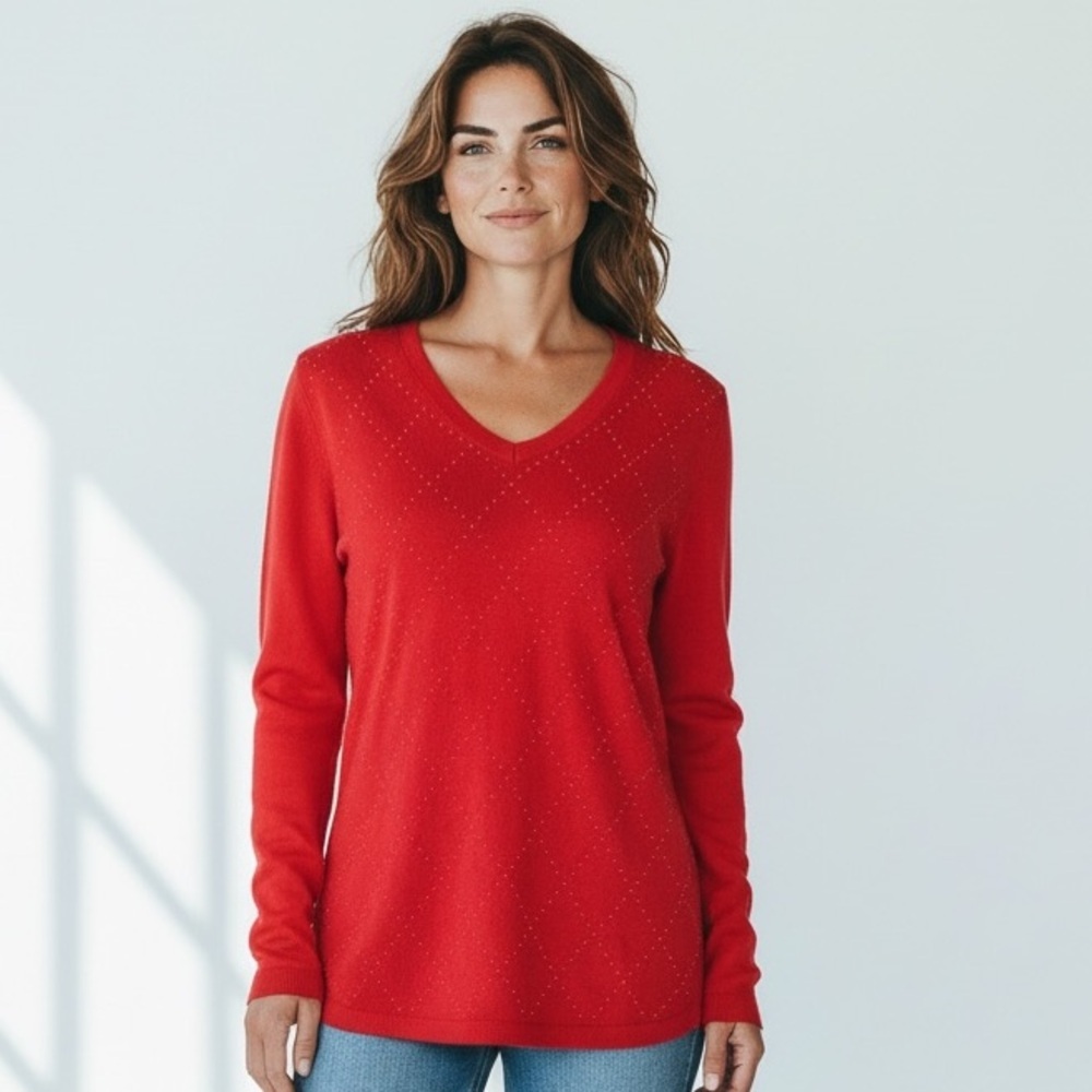 Tommy Hilfiger Red v neck sweater Large lightweight long sleeve decorative gold